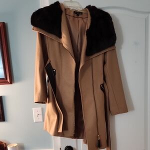 Tahari Tan Trench Coat with Brown Faux Fur Collar